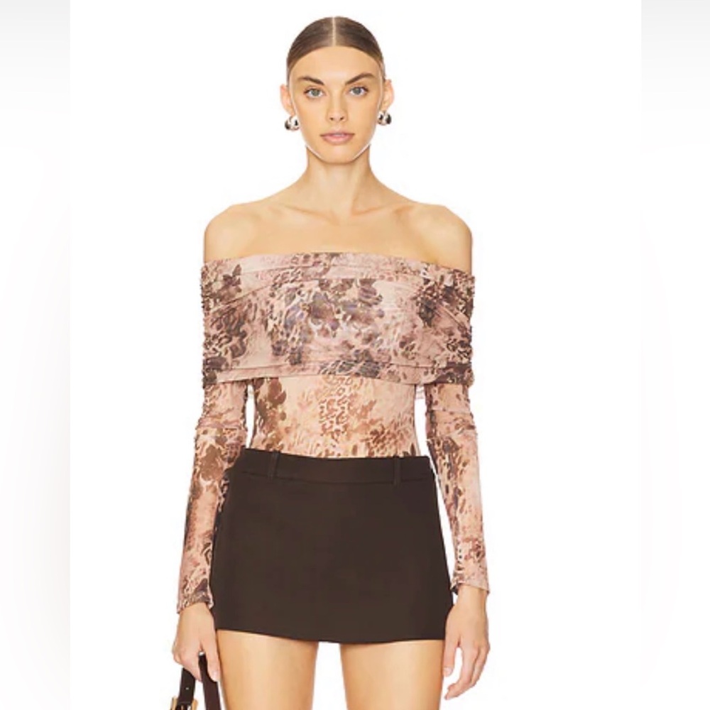 Leopard Floral Print Off-Shoulder Sheer Bodysuit